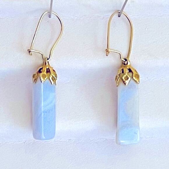 Vintage Handmade White Jade Gold Tone Dangling Earrings Minimalist Boho Bohemian - Picture 2 of 4